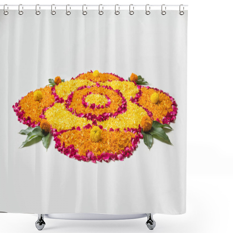 Personality  Flower Rangoli For Diwali Or Pongal Made Using Marigold Or Zendu Flowers And Red Rose Petals Over White Background With Diwali Diya In The Middle, Selective Focus Shower Curtains