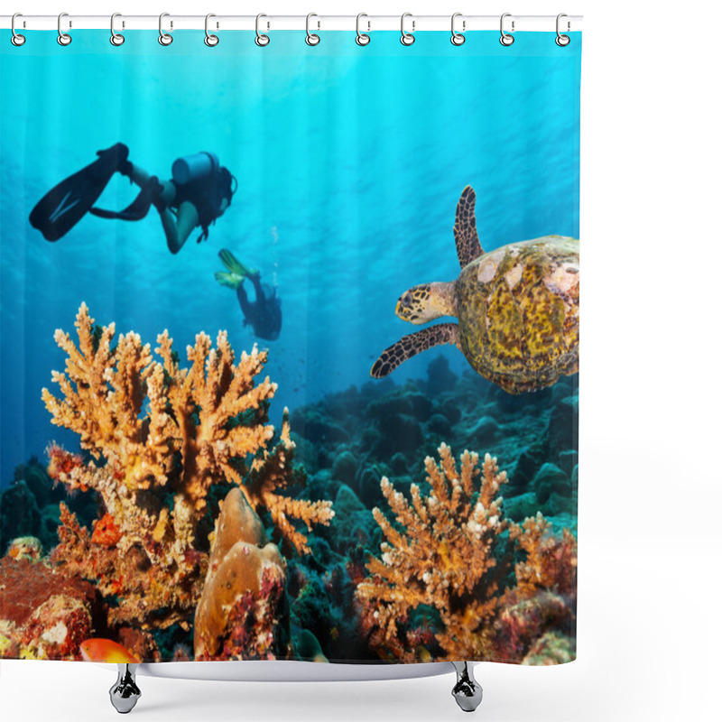 Personality  Scuba Divers Explore A Coral Reef Shower Curtains