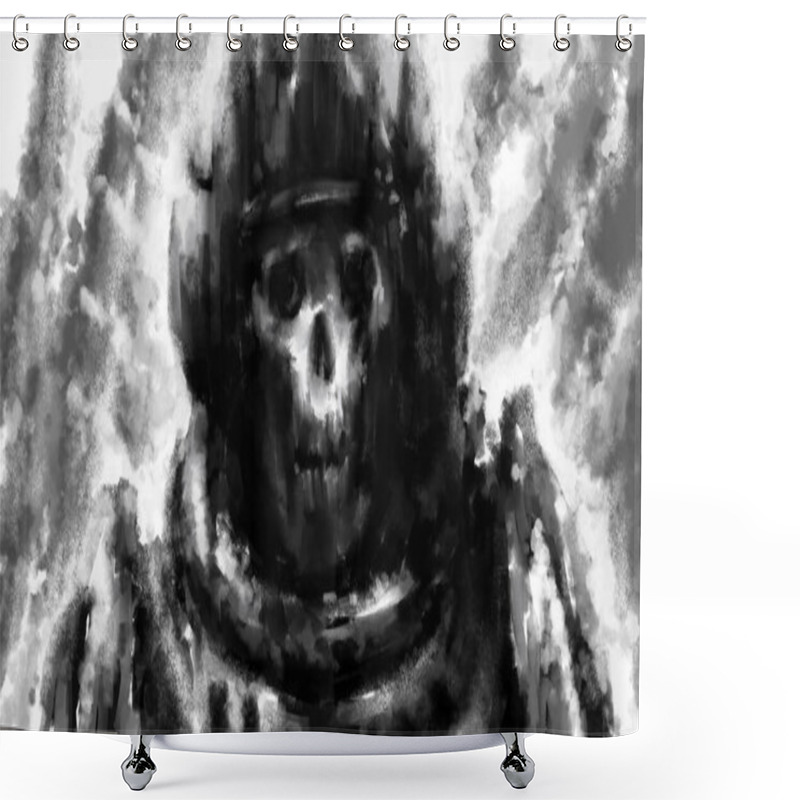 Personality  The Remains Of A Cosmonaut In Broken Spacesuit After Disaster. Black And White Illustration In Horror And Fiction Genre With Coal And Noise Effect. Shower Curtains