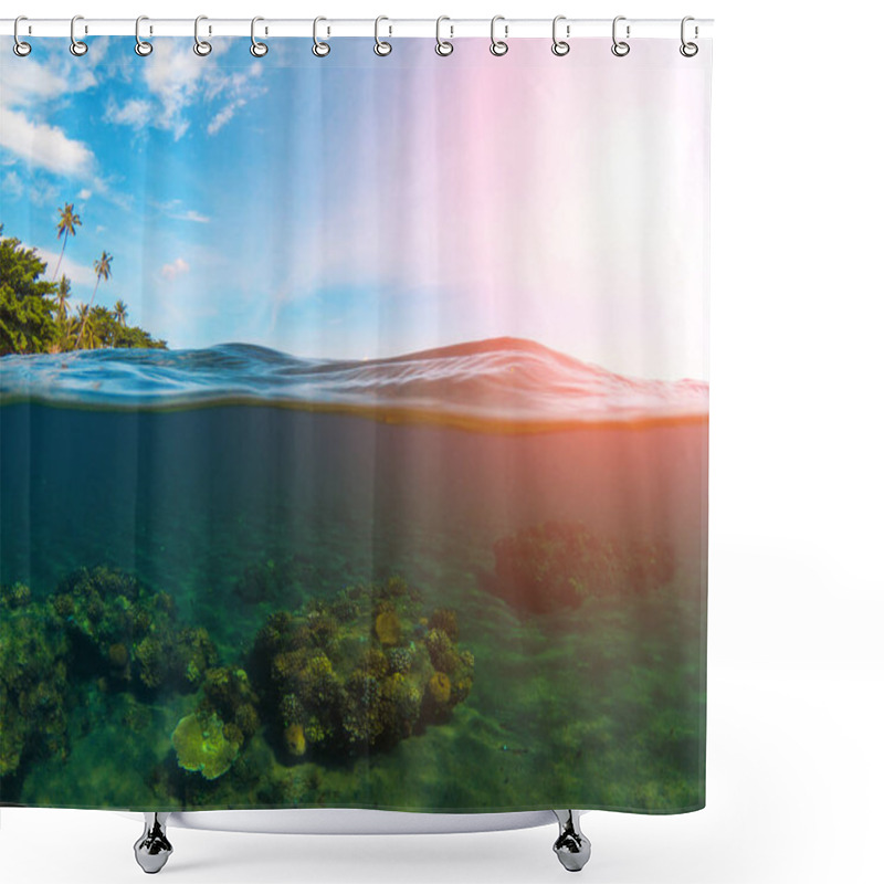 Personality  Double Landscape With Sea And Sky. Split Photo With Tropical Island And Underwater Coral Reef. Shower Curtains