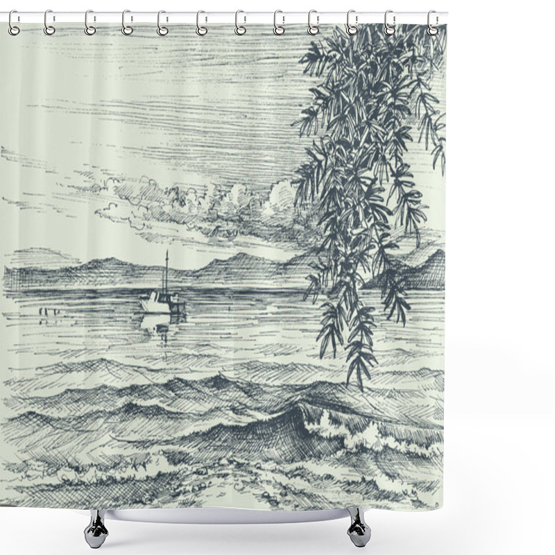 Personality  Calm Sea View Etching, An Olive Tree On Shore Shower Curtains