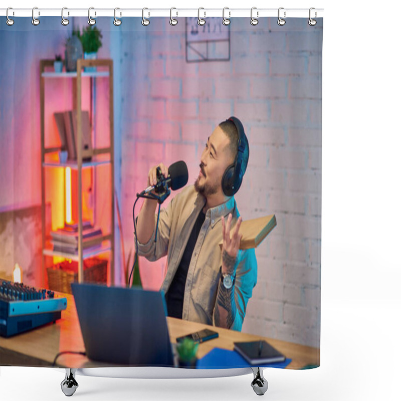 Personality  An Asian Man Records A Podcast In A Studio Setting, Holding A Microphone And Smiling While Wearing Headphones. Shower Curtains