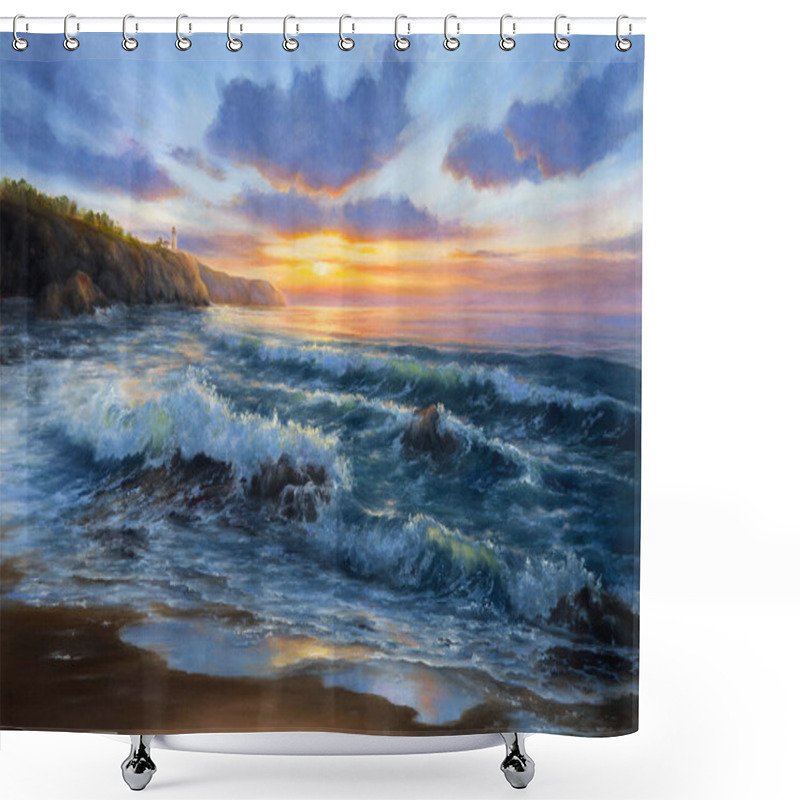 Personality  Original Oil Painting Of  Lighthouse On The Seacoast In Front Of Golden Sunset On Canvas.Modern Impressionism Shower Curtains