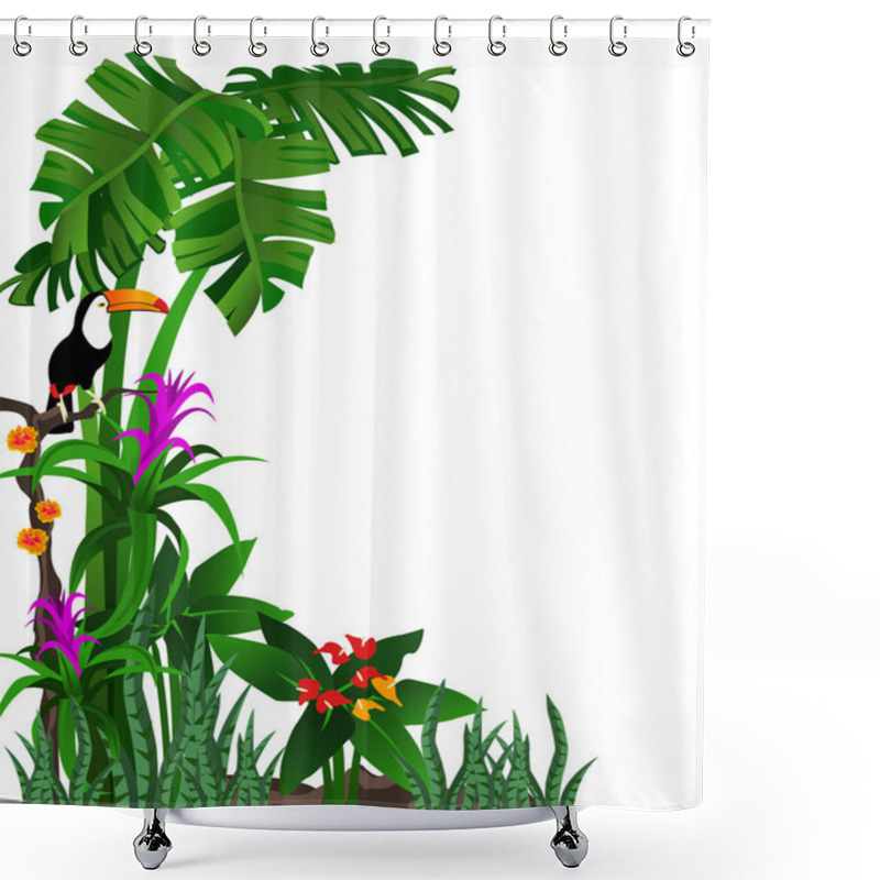 Personality  Background Illustration Of A Tropical Forest With Flowers And A Toucan Shower Curtains