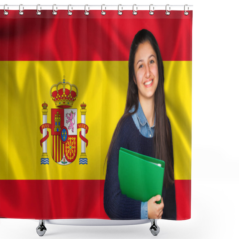 Personality  Teen Student Smiling Over Spanish Flag Shower Curtains