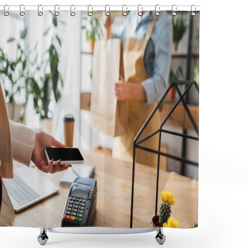 Personality  Cropped View Of Customer Paying With Smartphone Near Blurred Florist With Shopping Bag In Flower Shop  Shower Curtains