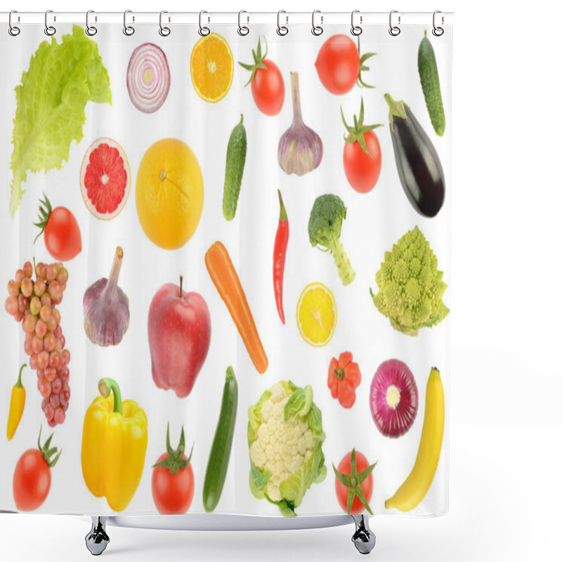 Personality  Large Pattern Of Fresh Fruits And Vegetables Isolated On White Background. Shower Curtains