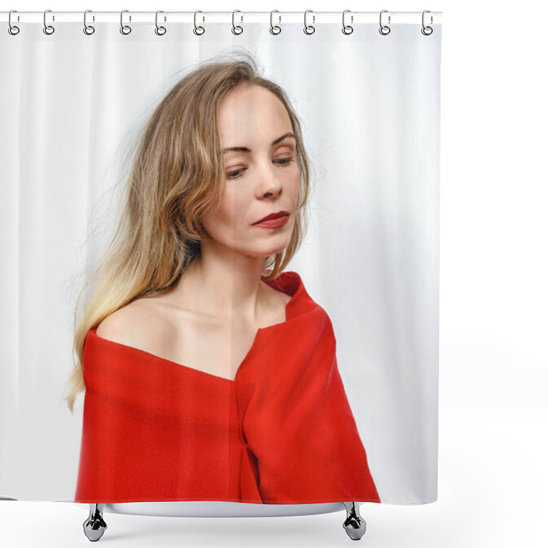 Personality  Charming Blonde Woman In Red Scarf, On White Background. Bare Shoulder, Red Lipstick. Looking Down Shower Curtains