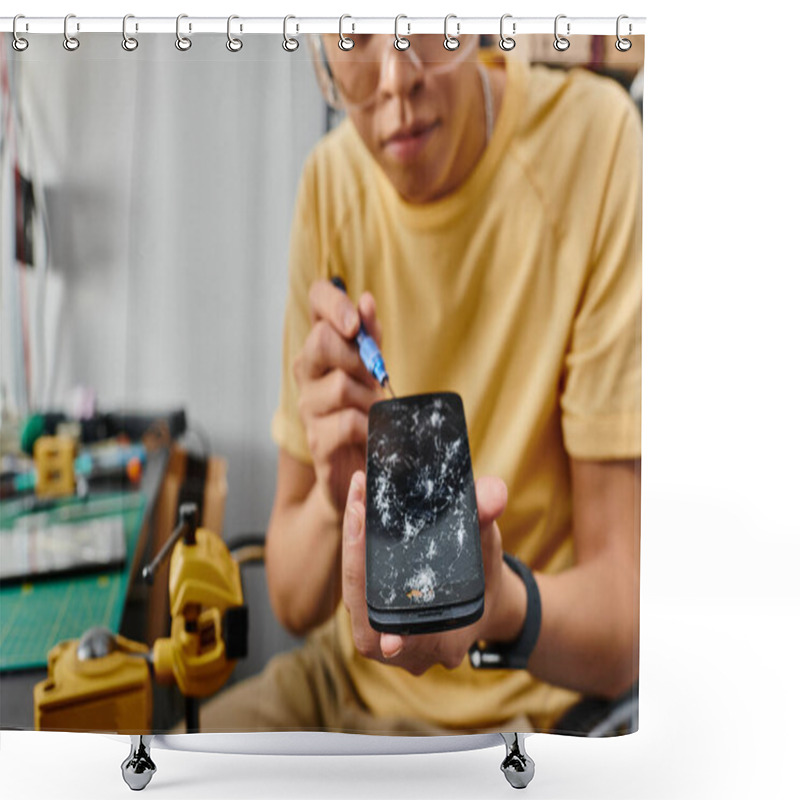 Personality  Cropped View Of Technical Expert With Screwdriver And Smartphone With Broken Touchscreen In Workshop Shower Curtains