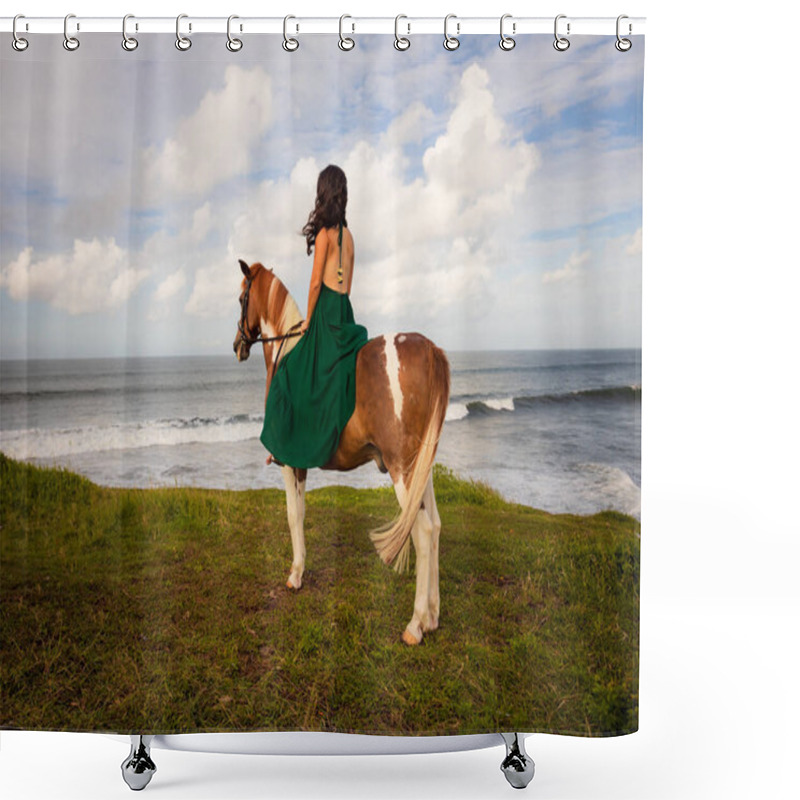 Personality  Woman Riding Horse Near The Ocean. Outdoor Activities. Asia Woman Wearing Long Green Dress. Traveling Concept. Cloudy Sky. View From Back. Copy Space. Bali, Indonesia Shower Curtains