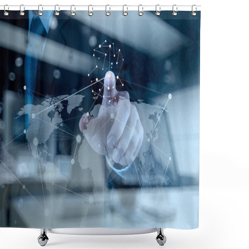 Personality  Double Exposure Of Businessman Working With New Modern Computer  Shower Curtains