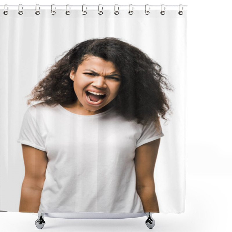 Personality  Irritated African American Woman Screaming Isolated On White  Shower Curtains