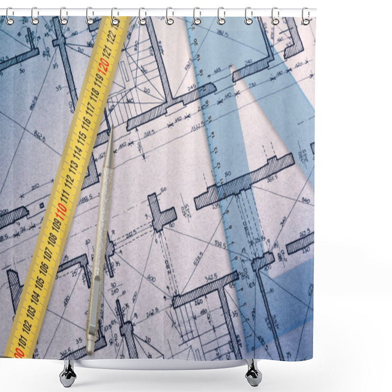 Personality  Architectural Drawing With Relief Of The Planimetry Of An Old Building With Plastic Set Square And Meter Shower Curtains