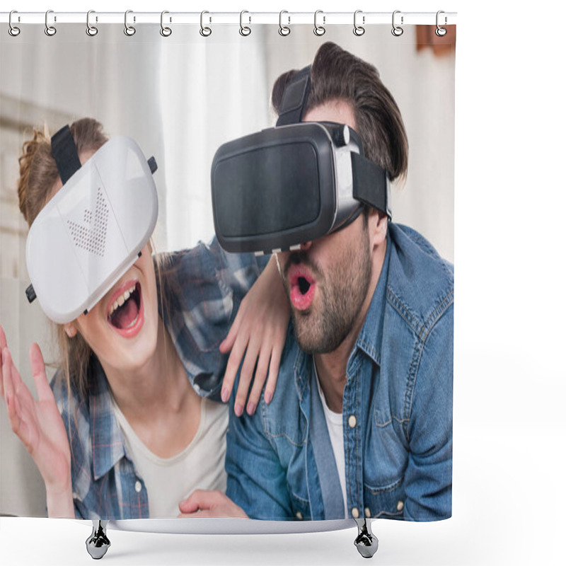 Personality  Couple Using Virtual Reality Headsets Shower Curtains