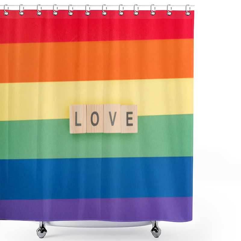 Personality  Top View Of Love Lettering Made Of Wooden Blocks On Paper Rainbow Background Shower Curtains