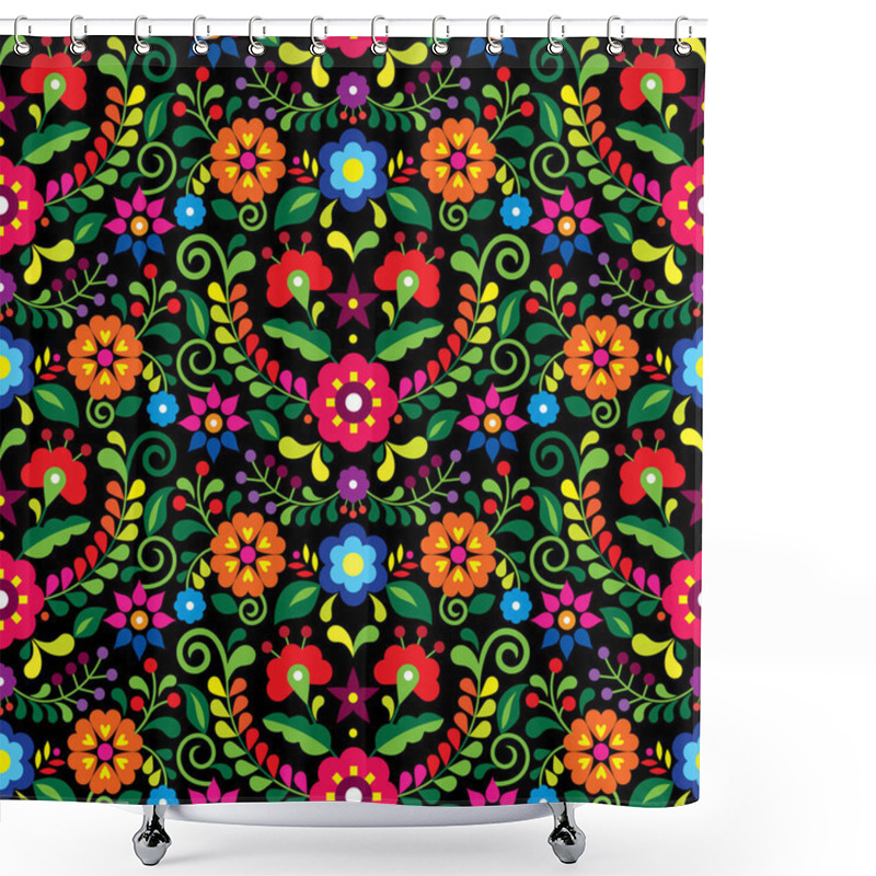 Personality  Mexican Folk Art Vector Seamless Pattern With Flowers, Textile Or Fabric Print Design Inspired By Traditional Embroidery Ornaments From Mexico On Black  Shower Curtains