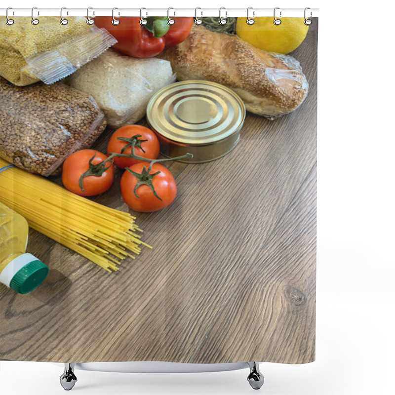 Personality  Crisis Food Products For Isolation Period. Macaroni, Oil, Canned Food, Vegetables, Sugar, Oatmeal, Millet, Lemons, Ginger. Food Delivery, Donation, Coronavirus Quarantine. Shower Curtains