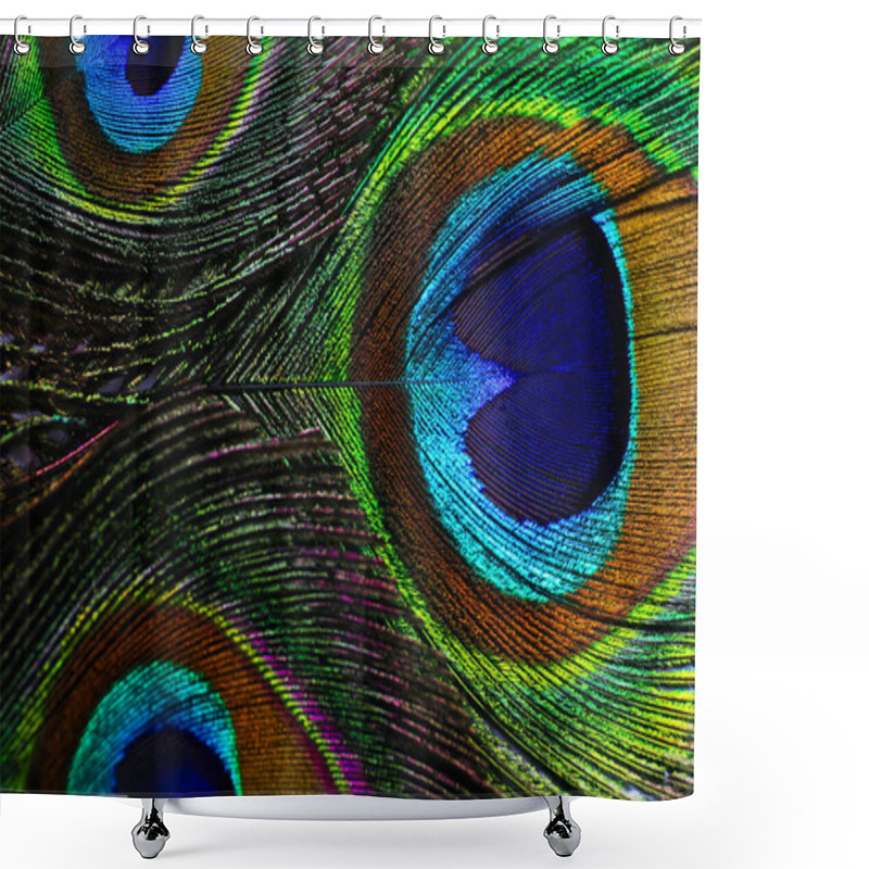 Personality  Beautiful Bright Peacock Feathers As Background, Closeup Shower Curtains