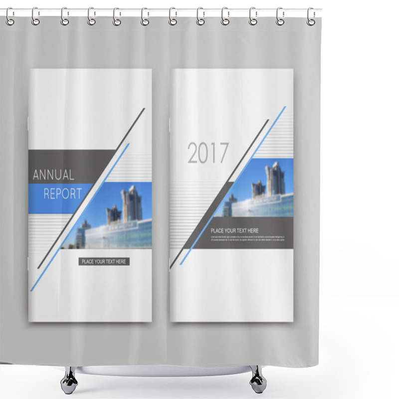 Personality  Abstract A4 Brochure Cover Design. Text Frame Surface. Urban City Sky View Font. Title Sheet Model Set. Creative Vector Front Page. Brand Logo Banner Texture. Blue Triangle Figure Icon. Ad Flyer Fiber Shower Curtains