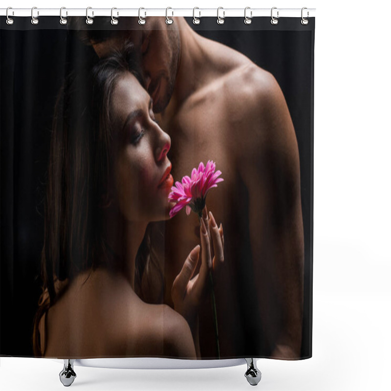 Personality  Beautiful Woman Holding Gerbera By Handsome Shirtless Man Isolated On Black  Shower Curtains