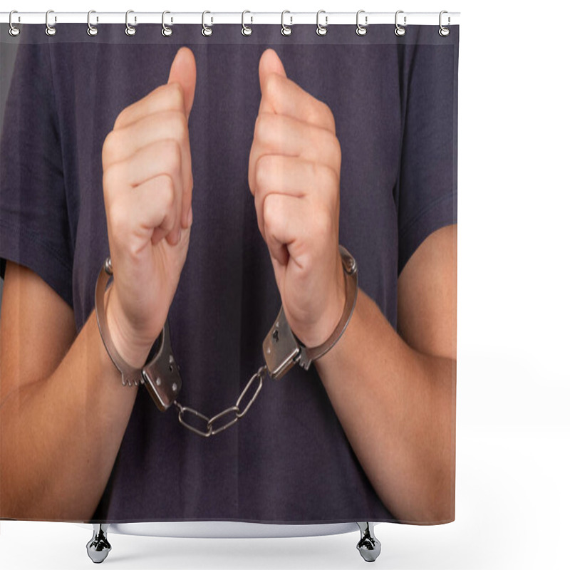 Personality  Arrest For Offense, Man In Handcuffs Close Up Shower Curtains