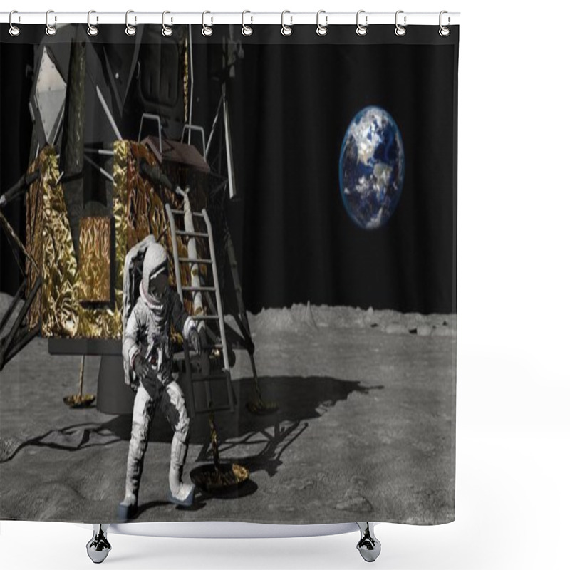 Personality  3D Rendering. Astronaut Descends The Stairs Of The Apollo Spacecraft. CG Animation. Elements Of This Image Furnished By NASA. Shower Curtains