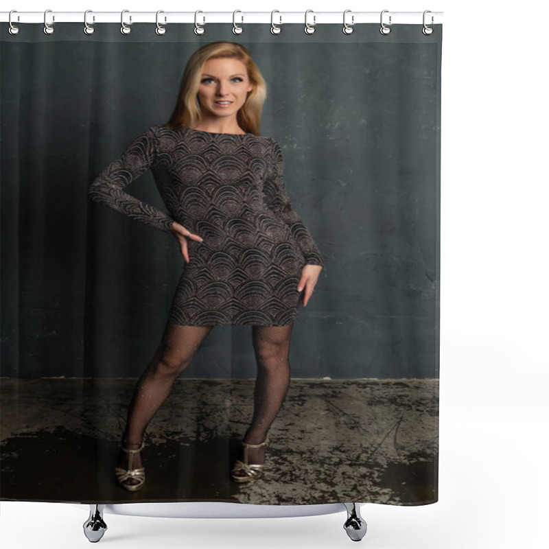 Personality  Blonde In A Black Dress Shower Curtains