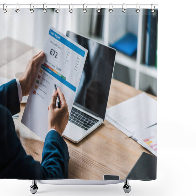 Personality  Cropped View Of Man Holding Pen Near Paper With Credit Report Letters  Shower Curtains