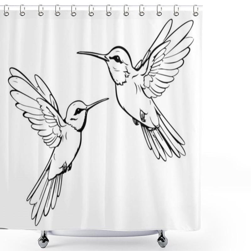 Personality  Hand Drawn Humming Birds Isolated On White. Monochrome Flying Hummingbirds Set. Front And Side View Colibri Flight. Vector Sketch. Shower Curtains