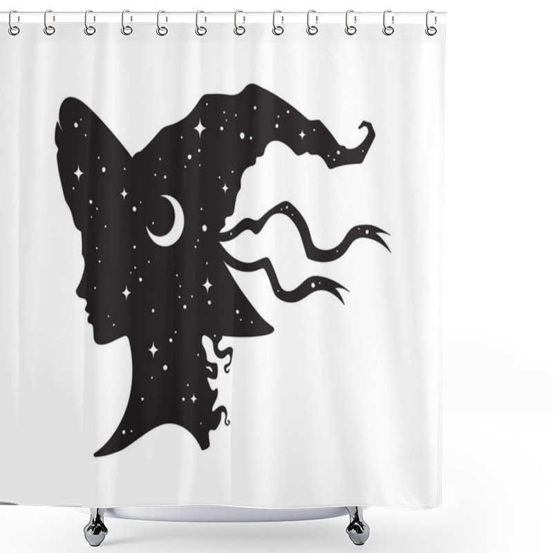 Personality  Silhouette Of Beautiful Curly Witch Girl In Pointy Hat With Crescent Moon And Stars In Profile Isolated Hand Drawn Vector Illustration Shower Curtains