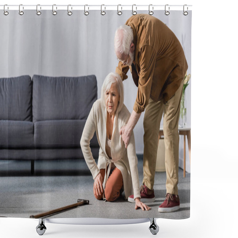 Personality  Senior Man Helping Wife Sitting On Floor Near Walking Stick Shower Curtains