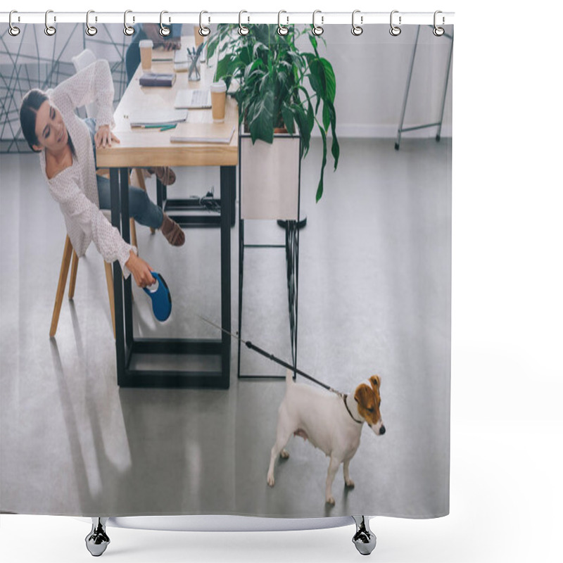 Personality  Businesswoman Holding Jack Russel Terrier On Leash And Colleague Sitting Behind On Table In Modern Office Shower Curtains