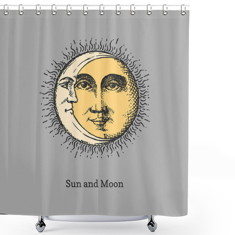 Personality  Sun And Moon, Hand Drawn In Engraving Style. Shower Curtains