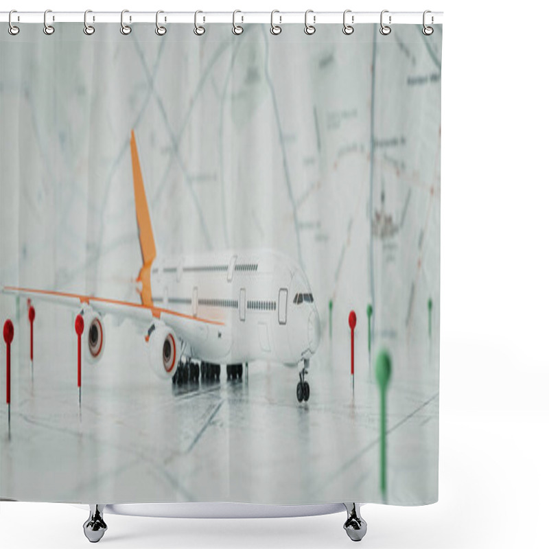 Personality  Aircraft And Location Marking With A Pin On Routes On World Map. Adventure, Discovery, Communication, Logistics, Transport And Travel Theme Concept Background. 3d Renderin And Illusrration. Shower Curtains