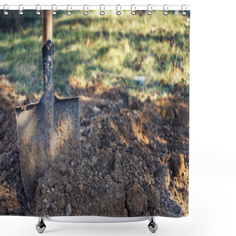 Personality  Old Spade Or Shovel Stuck In Freshly Dug Earth Shower Curtains