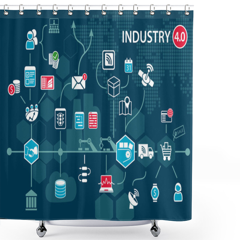 Personality  Industry 4.0 (industrial Internet) Concept And Infographic. Connected Devices And Objects With Business Automation Flow Shower Curtains