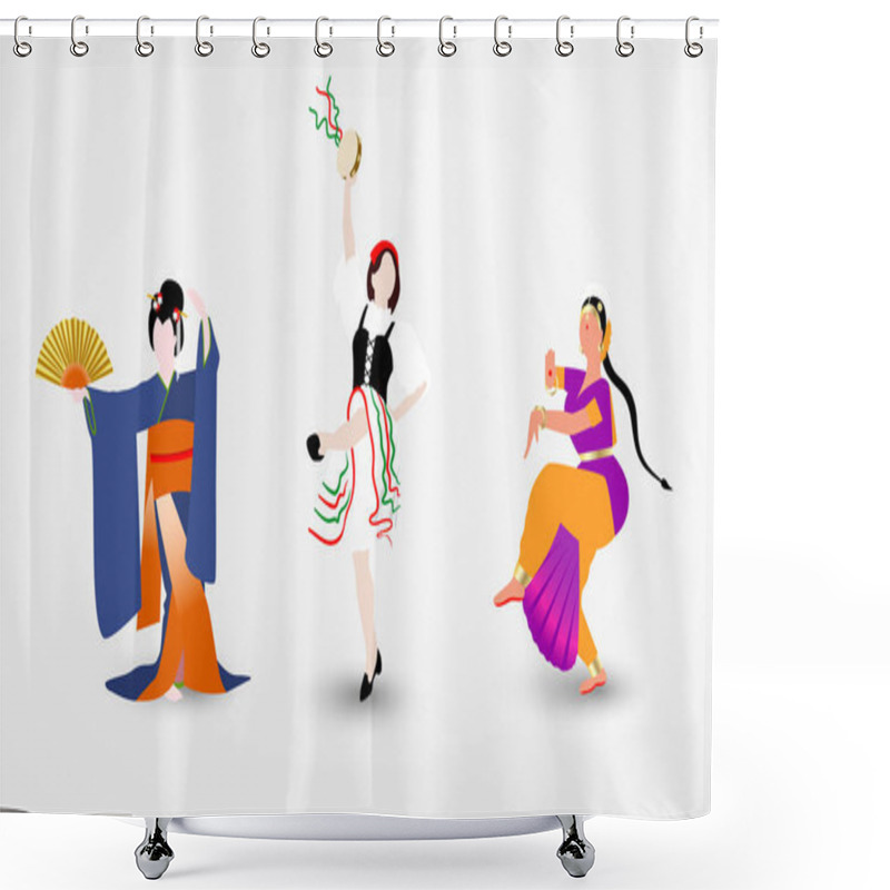 Personality  Set Of Illustrations Of Women Of Different Races Dressed In National Costumes Dancing The Folk Dances Of Their Countries Shower Curtains