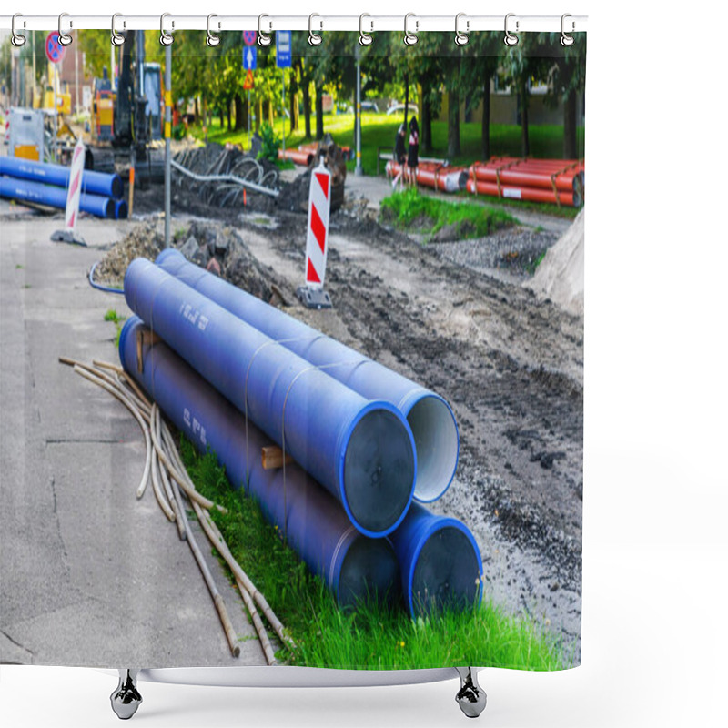 Personality  Replacement Of Underground Water Supply And Sewer Pipes In City Street, New Blue Thick Plastic Water Supply Pipes In Foreground Shower Curtains