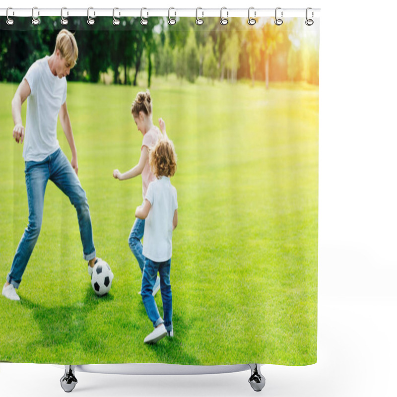 Personality  Father With Kids Playing Soccer Shower Curtains