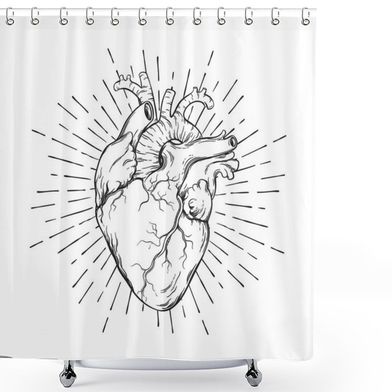 Personality  Hand Drawn Human Heart With Sunburst Anatomically Correct Art. Flash Tattoo Or Print Design Vector Illustration Shower Curtains