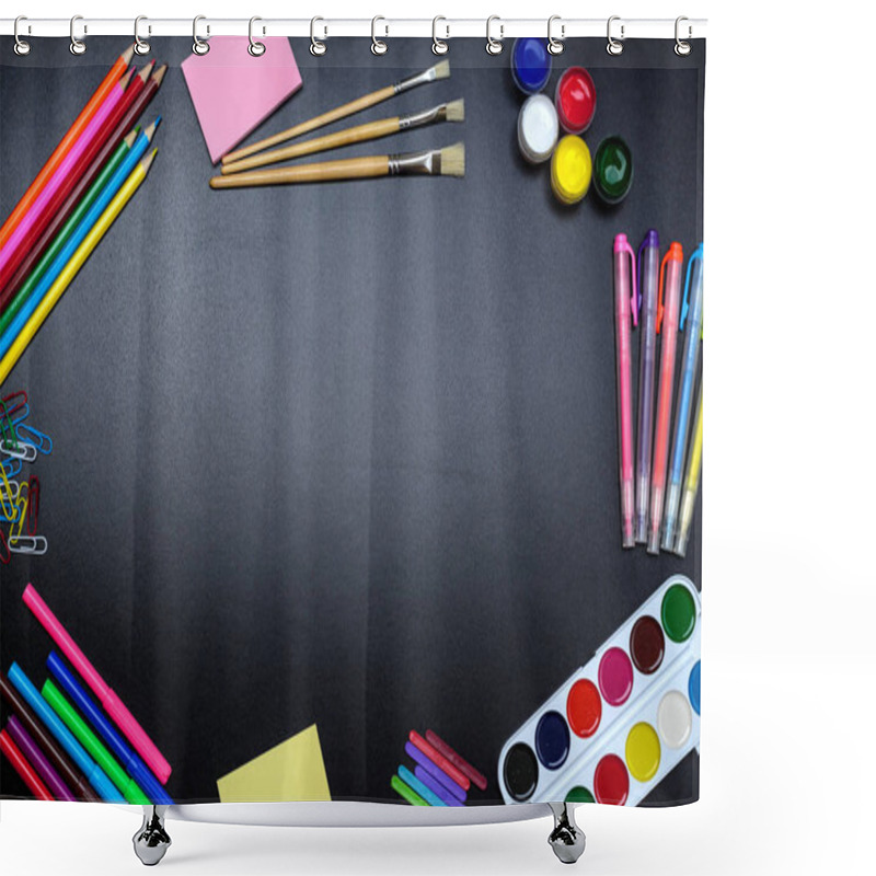 Personality  The Frame Of School Supplies (pencils, Paints, Paper, Brushes, Markers) On A Blackboard. Shower Curtains