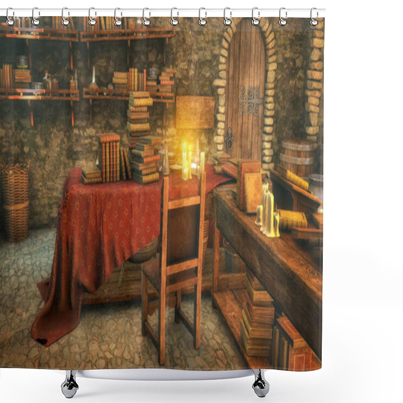 Personality  A 3D Illustration Of A Medieval Room Full Of Antique Books, A Candle-lit Table, And A Rustic Bookcase, Evoking History. Shower Curtains