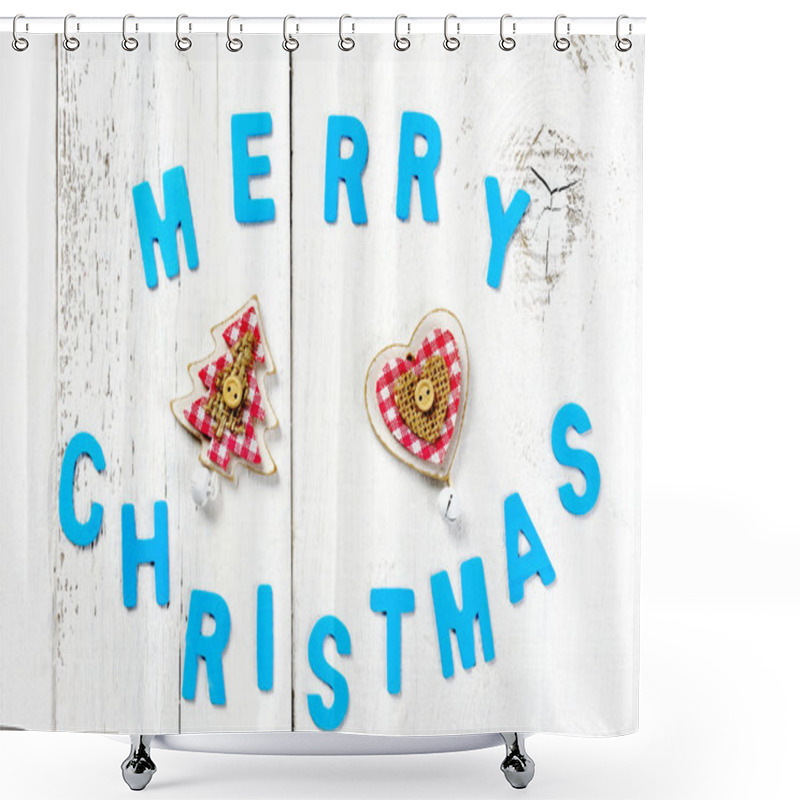 Personality  Merry Christmas Words And Decoration On Wooden Background Shower Curtains