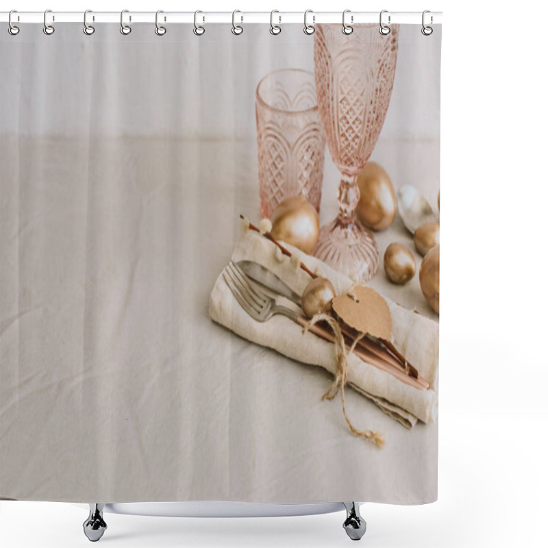 Personality  Rustic Ester Tableware With Gold Eggs On Linen Table  Shower Curtains