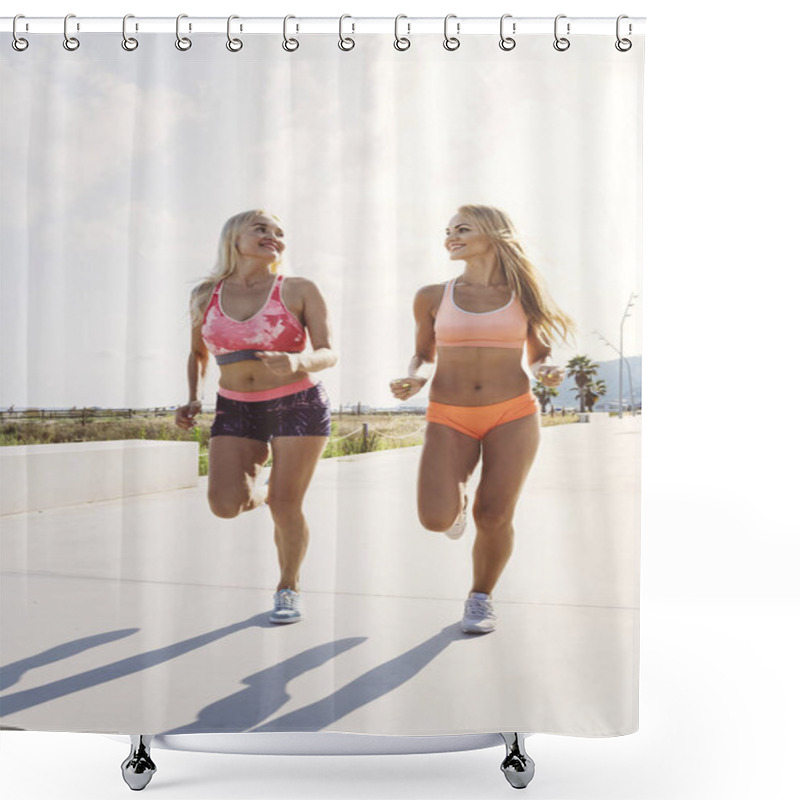 Personality  Two Smiling Sports Girls Running In Sporty Clothes Shower Curtains