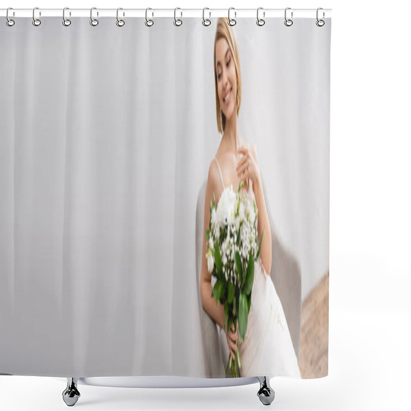 Personality  Cheerful And Blonde Bride In Wedding Dress Sitting In Armchair And Holding Bouquet On Grey Background, White Flowers, Bridal Accessories, Happiness, Special Occasion, Beautiful, Feminine, Banner Shower Curtains