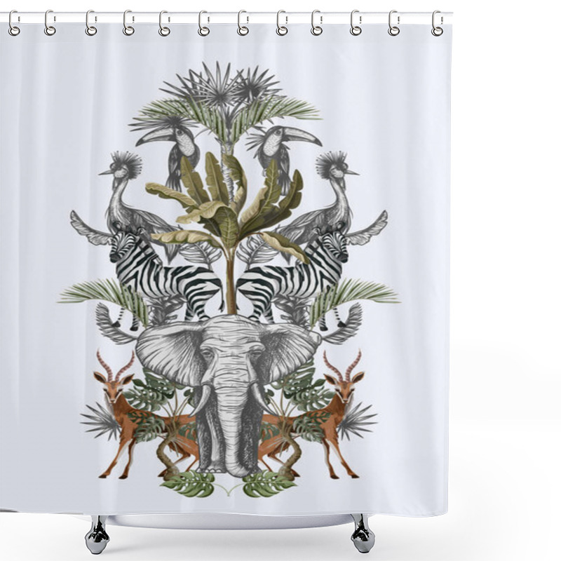 Personality  Symmetry Composition With Tropical Trees And Animals. Vector. Shower Curtains