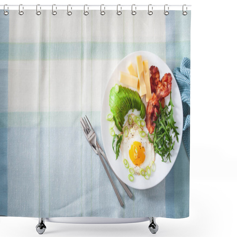 Personality  Healthy Keto Breakfast: Egg, Avocado, Cheese, Bacon Shower Curtains