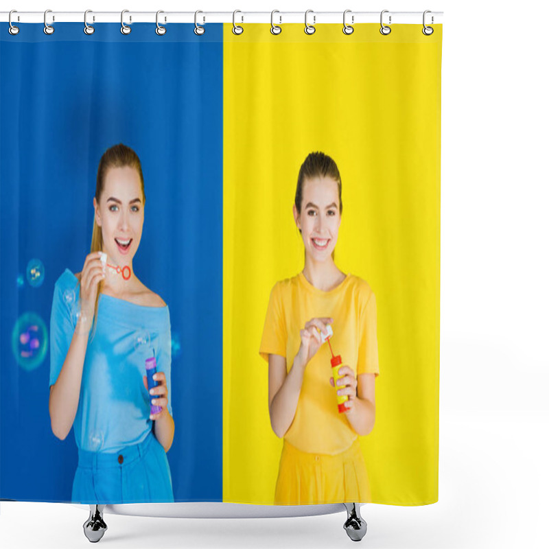 Personality  Female Fashion Model Having Fun Blowing Bubbles On Blue And Yellow Background Shower Curtains