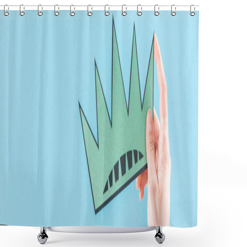 Personality  Panoramic Shot Of Woman Holding Paper Cut Crown On Blue Background With Copy Space, Independence Day Concept Shower Curtains